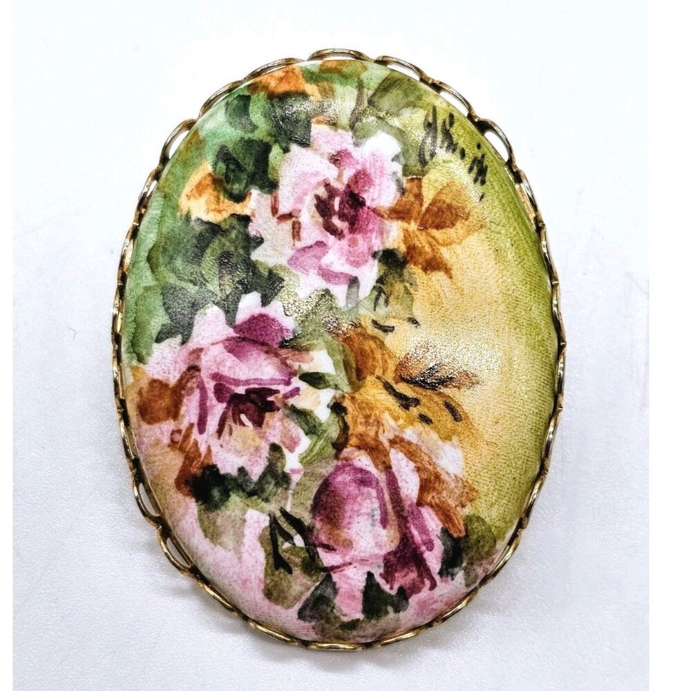 Handpainted Oval Flowers Roses And Lilly Brooch Pin Vintage Signed Boho Glam